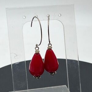 Genuine Red Jadeite Sterling Silver 925 Dangle Earrings‎ Faceted Teardrop 2"